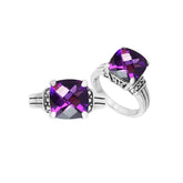 Handcrafted Sterling Silver Elegant Designer Amethyst Quartz Cushion Heritage Statement Ring With Balinese Detailing.